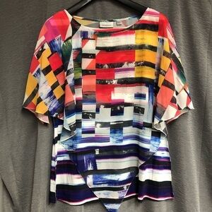 Avenue 10/12, purple black yellow blue white top with sheer scarf type overlay